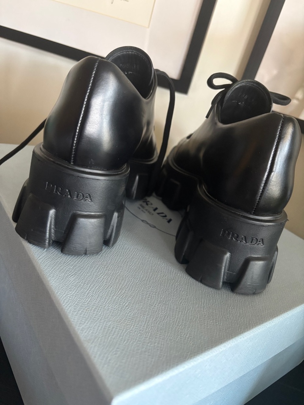 Prada Black Chunky Lug Platform Lace-Up Loafers - Picture 5 of 6